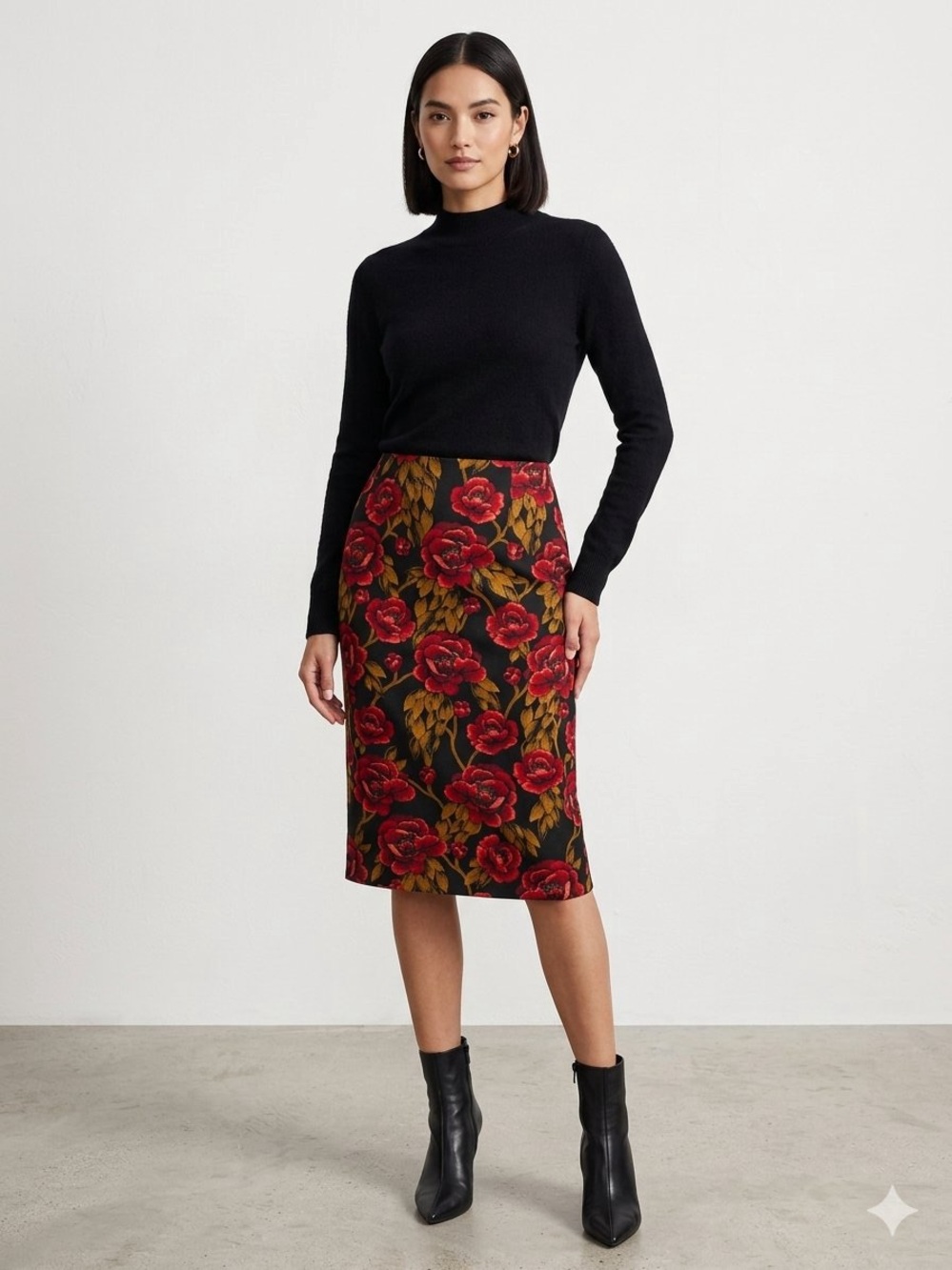 NYCC Stretch Red Floral Midi Pencil Skirt Knee Length